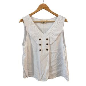 Sleeveless V Neck Double Button Detail White Top Size L Coastal Cottage Breezy